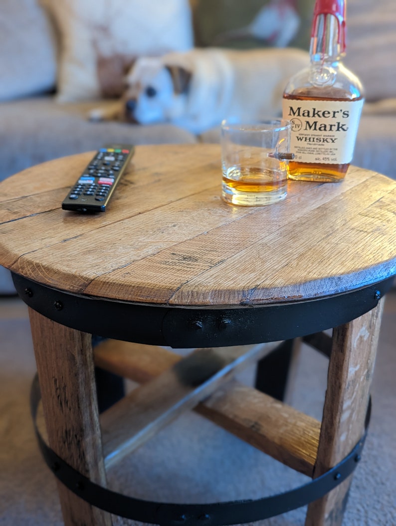 Oak Side Coffee Table made from a oak bourbon whisky barrel lid Rustic Badger Restoration Ashford Kent 01233 896 646