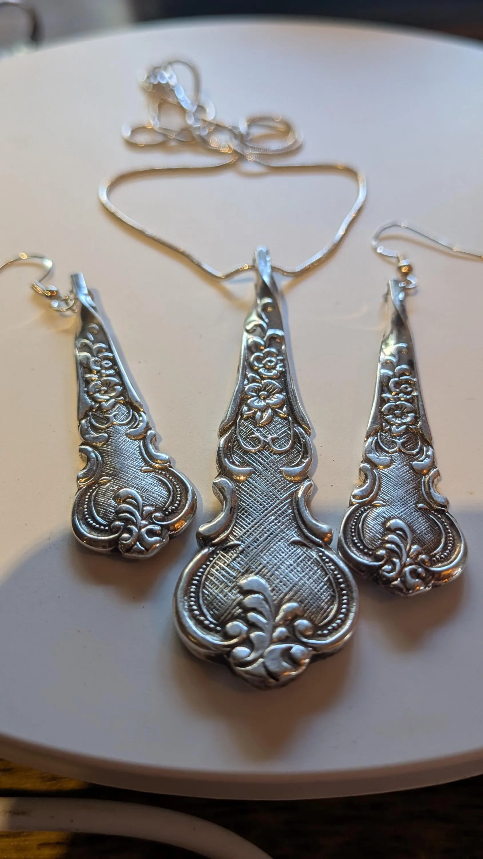 Floral Spoon Necklace and Earring Set Silver Plated EPNS